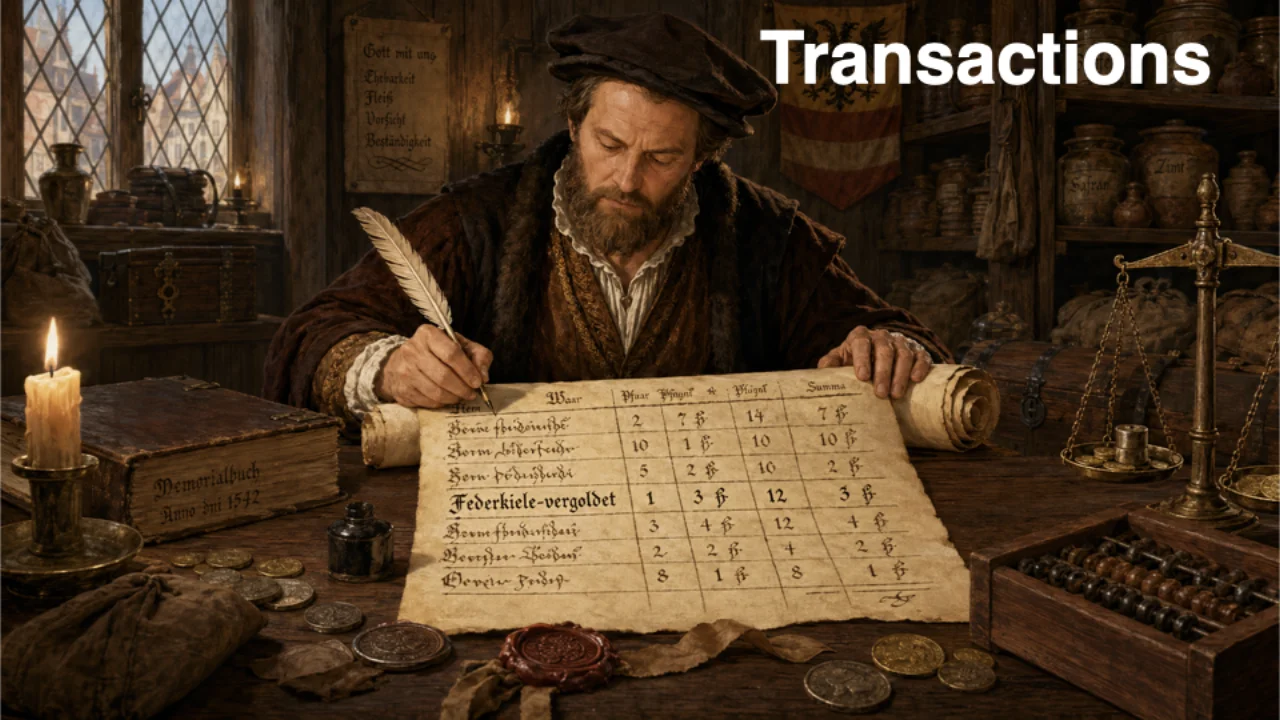 Mittelalterlicher Kaufmann erfasst Transaktionen