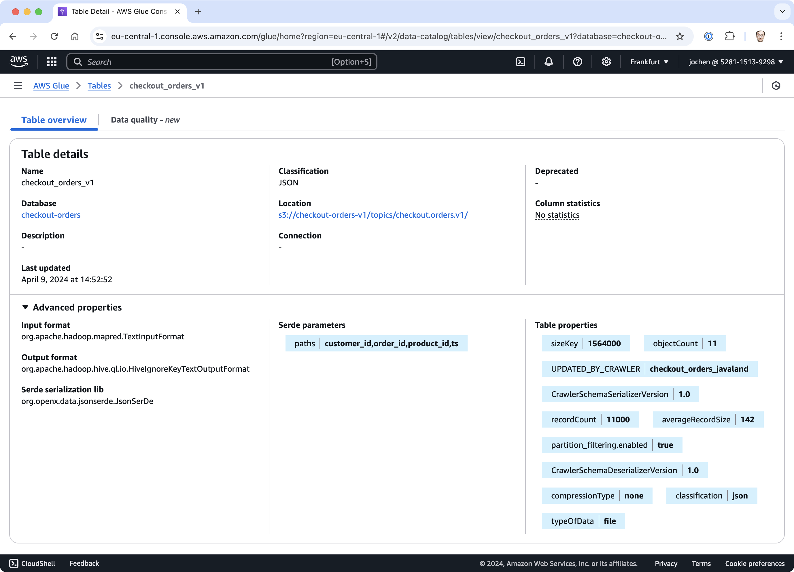 Screenshot of AWS Glue Data Catalog