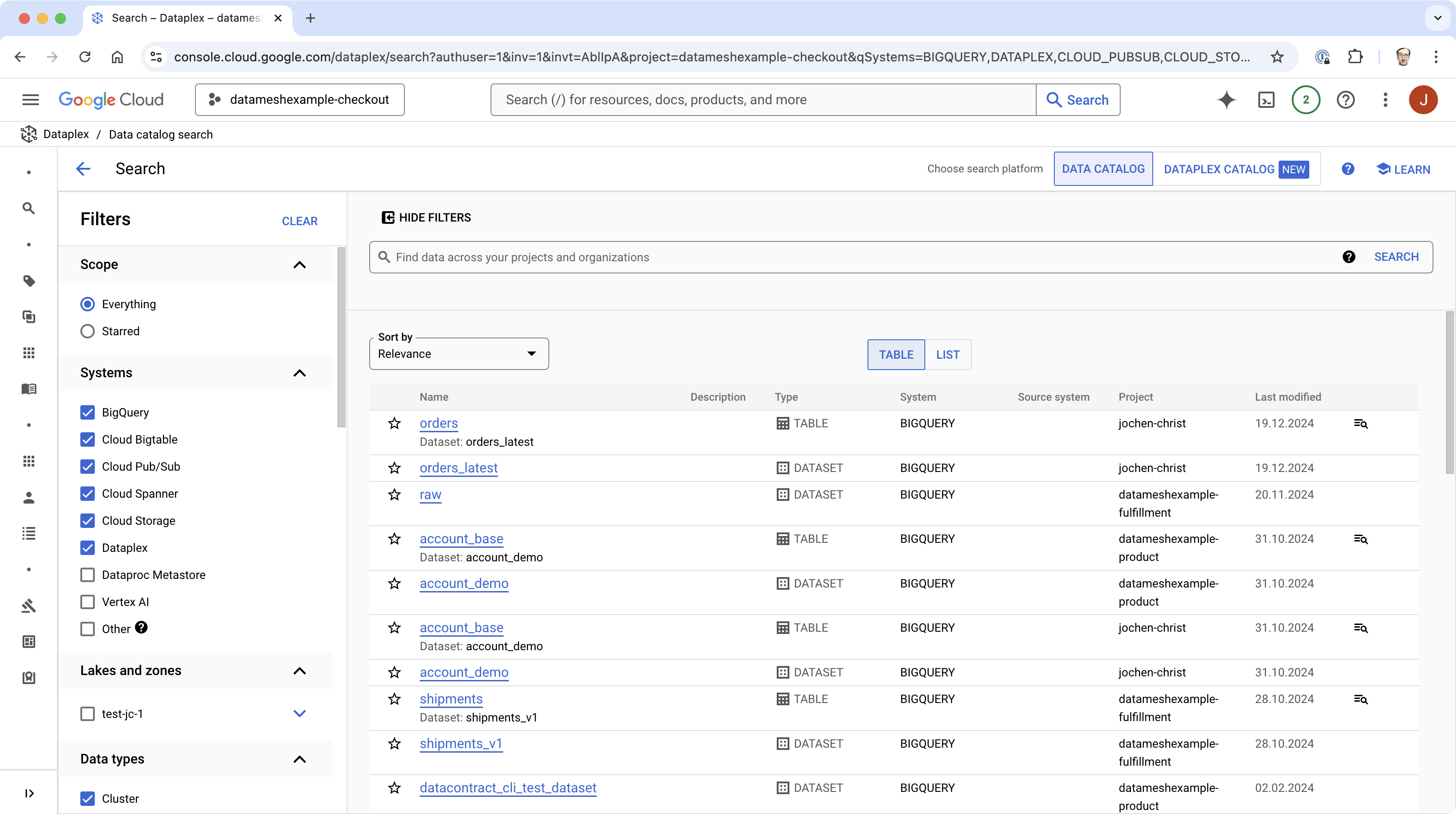 Screenshot of Google Dataplex Data Catalog