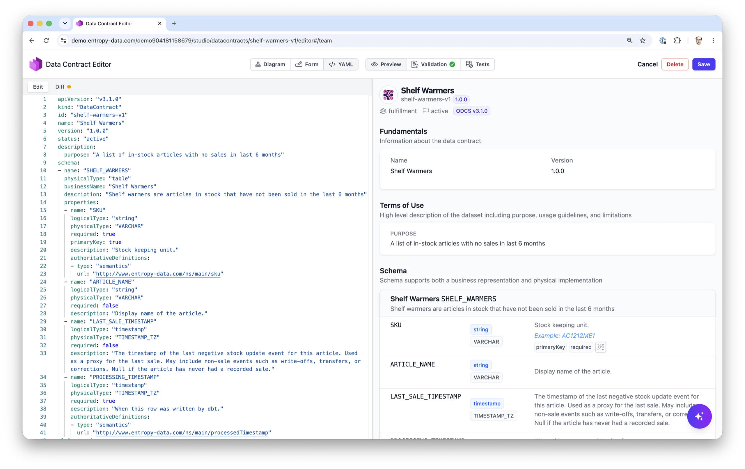 Der Shelf-Warmers-Data-Contract im Entropy-Data-Contract-Editor, mit dem ODCS-YAML links und dem gerenderten Schema mit SKU, Artikelname und Zeitpunkt des letzten Verkaufs rechts.