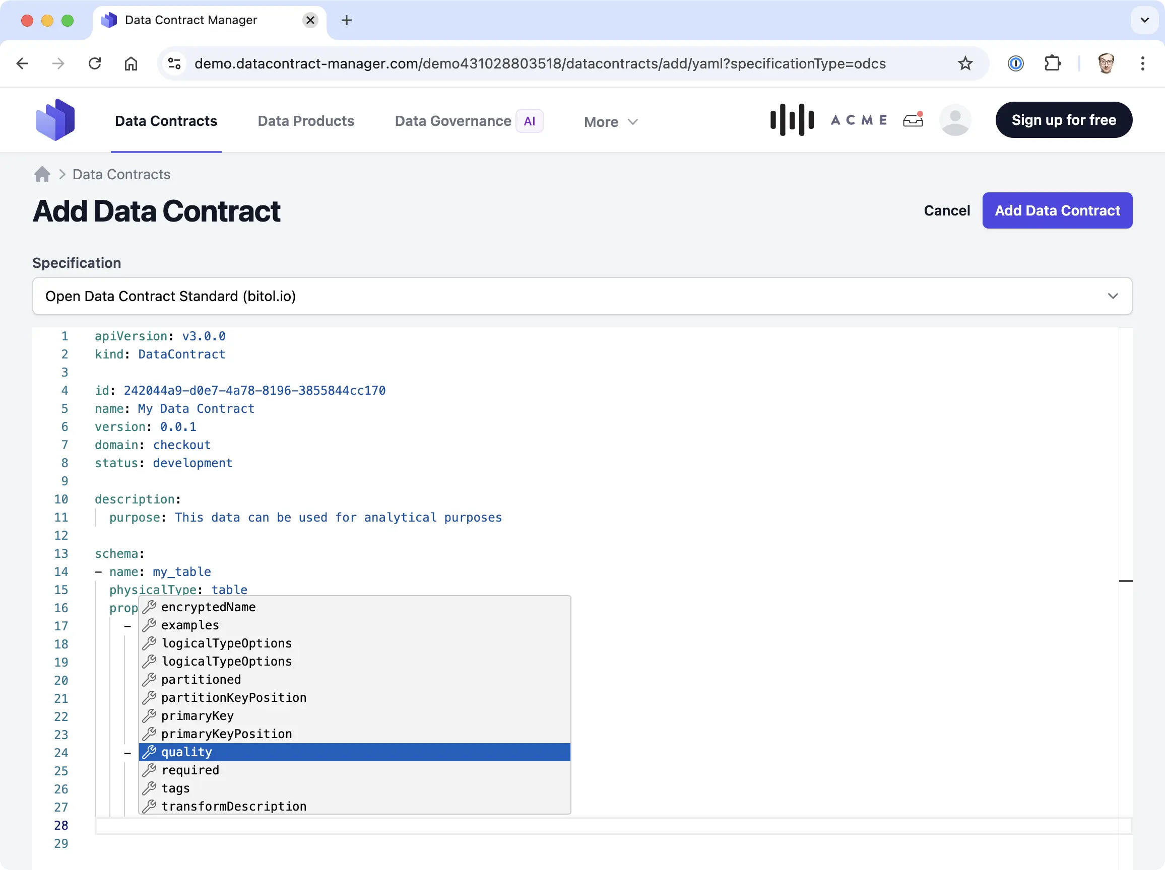 Screenshot des Data-Contract-Editors für ODCS in Entropy Data