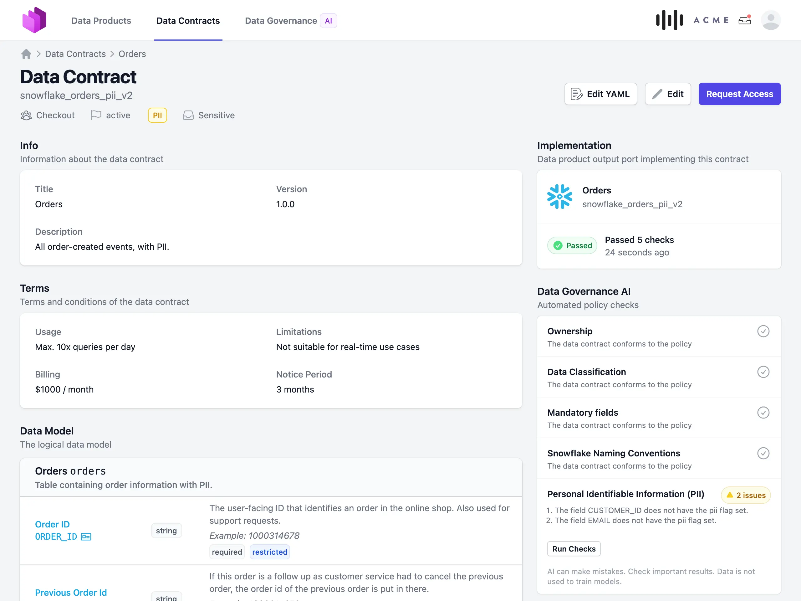 Screenshot of a data contract in Data Mesh Manager