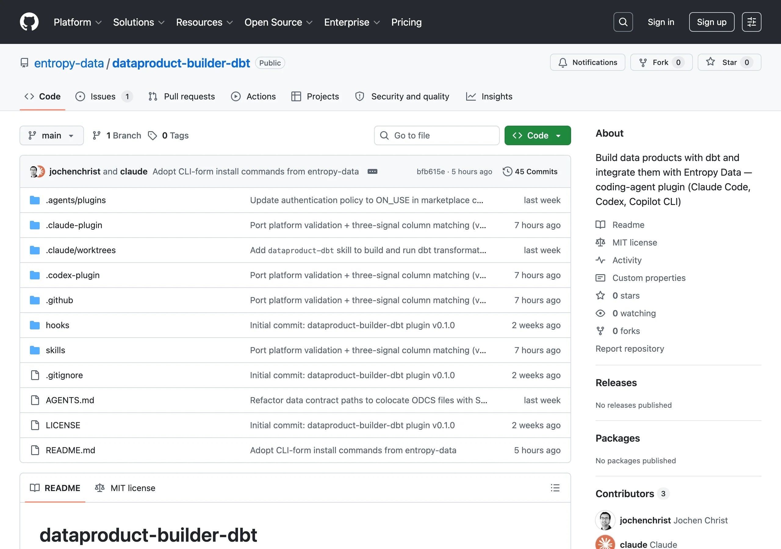 Das Repository entropy-data/dataproduct-builder-dbt auf GitHub mit Skills, Hooks, .claude-plugin, .codex-plugin und Templates.