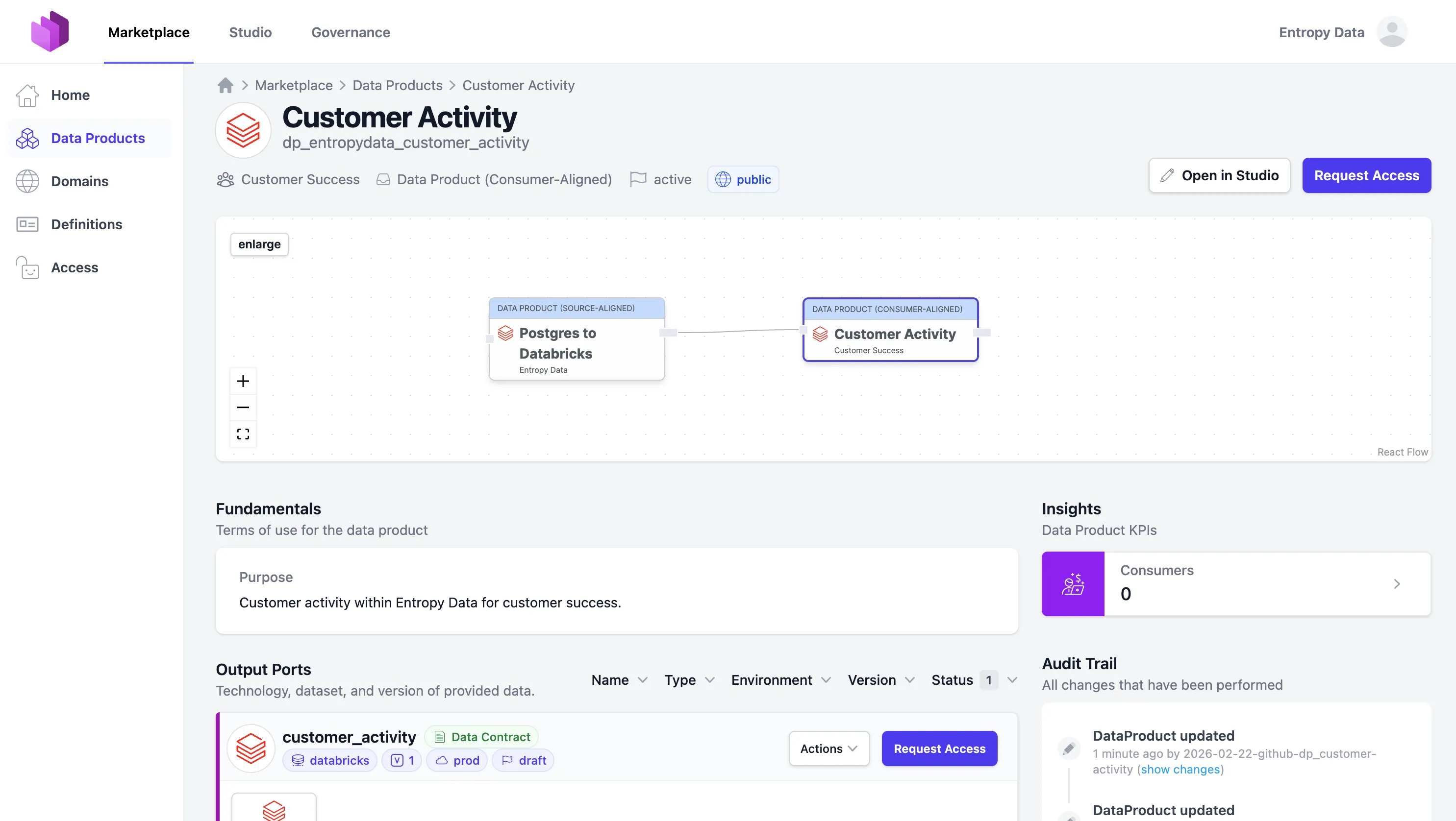 Le produit de données Customer Activity dans la marketplace Entropy Data, avec le flux de données, les Output Ports, les informations de base et la piste d'audit.