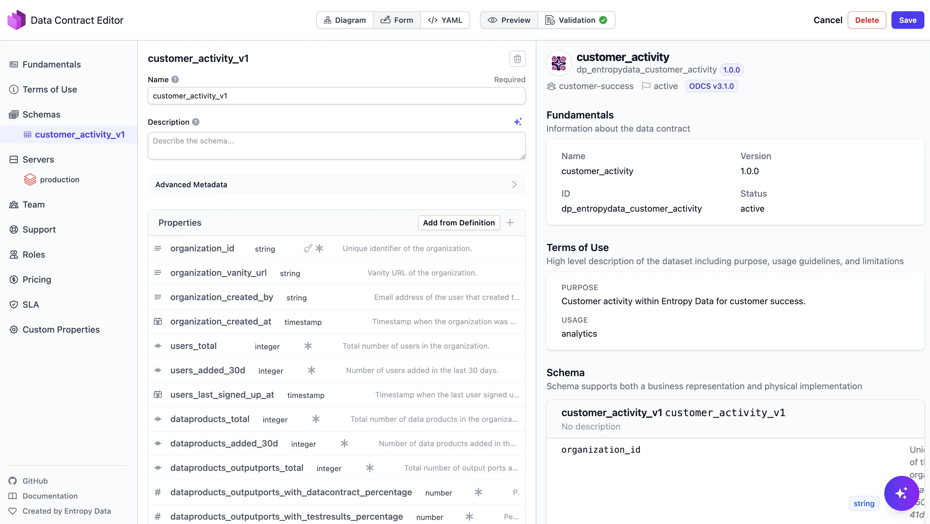 Vue formulaire du Data Contract Editor montrant les propriétés du schéma, les informations de base et les conditions d'utilisation du Data Contract customer_activity.