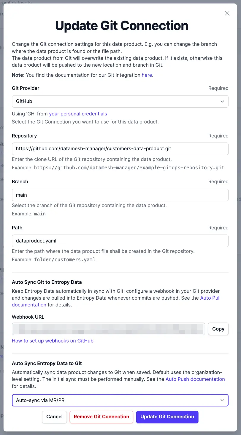 The Git connection dialog with the 'Auto Sync Entropy Data to Git' option set to 'Auto-sync via MR/PR'