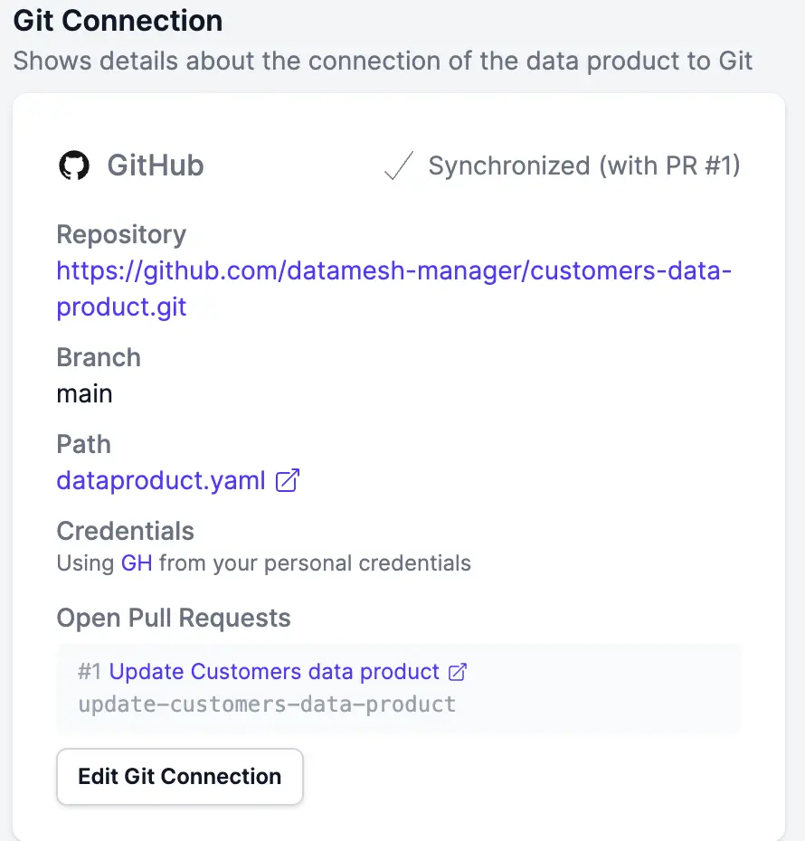 The Git connection card showing 'Synchronized (with PR #1)' and the open pull request with a link out to the Git provider