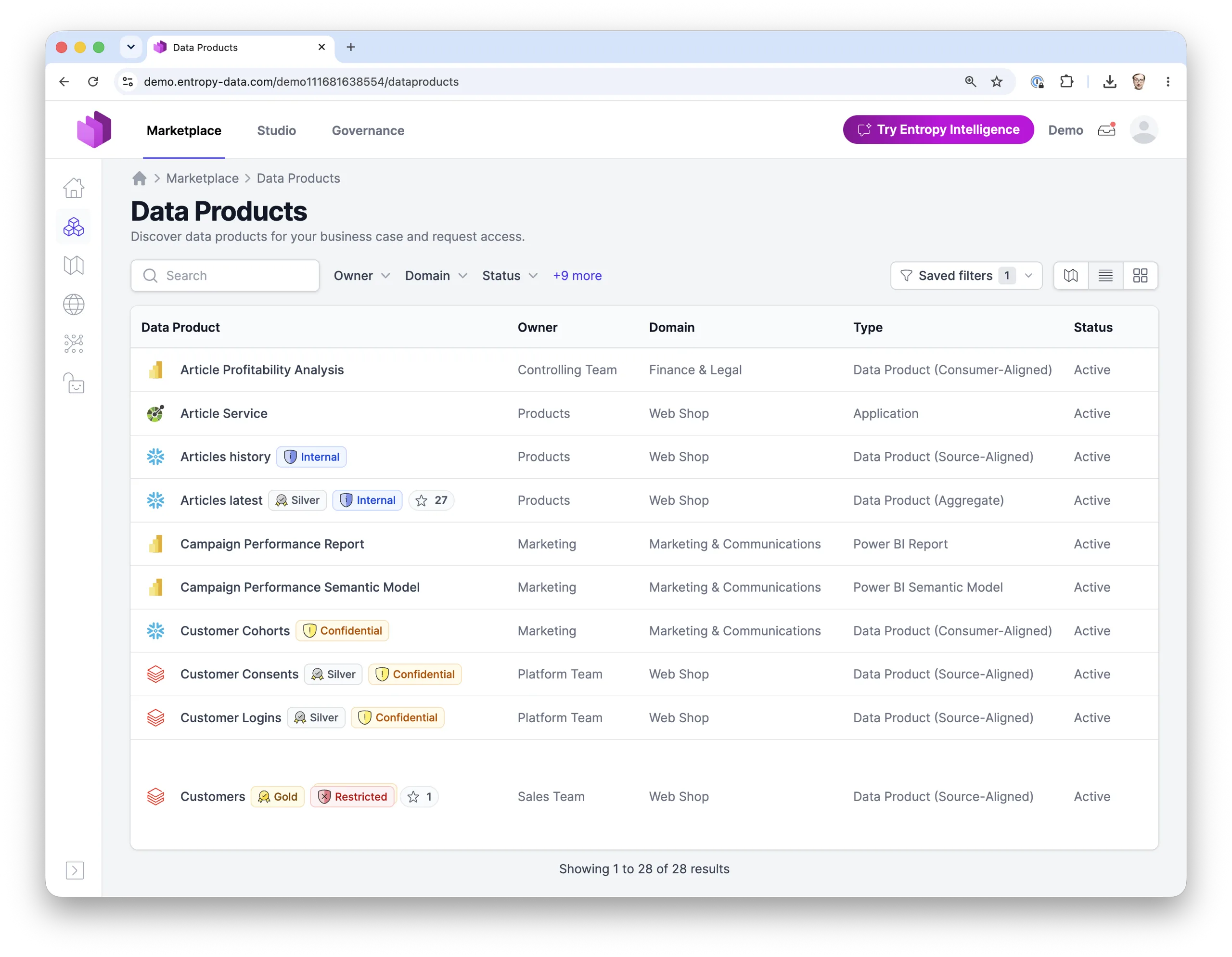 Die Datenprodukt-Liste im Entropy-Data-Datenmarktplatz: Datenprodukte, Applikationen und Reports mit Owner, Domäne, Typ, Status und Badges für Qualitätsstufe und Datenklassifizierung.