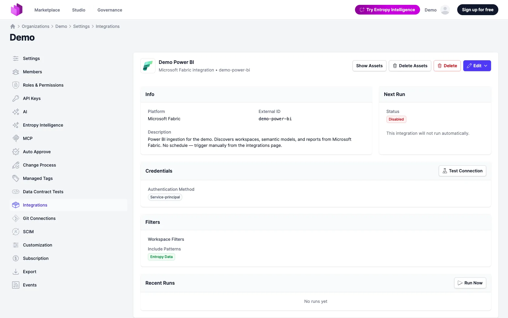 L'intégration Microsoft Fabric dans Entropy Data, configurée pour synchroniser des espaces de travail Power BI