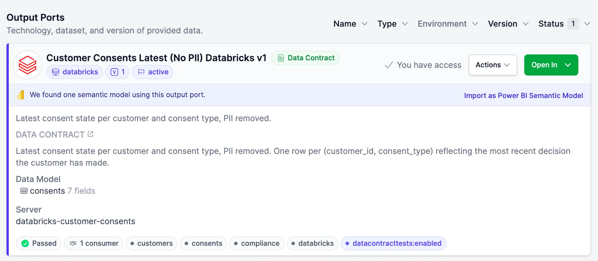 Entropy Data proposant un modèle sémantique Power BI correspondant sur l'Output Port d'un produit de données