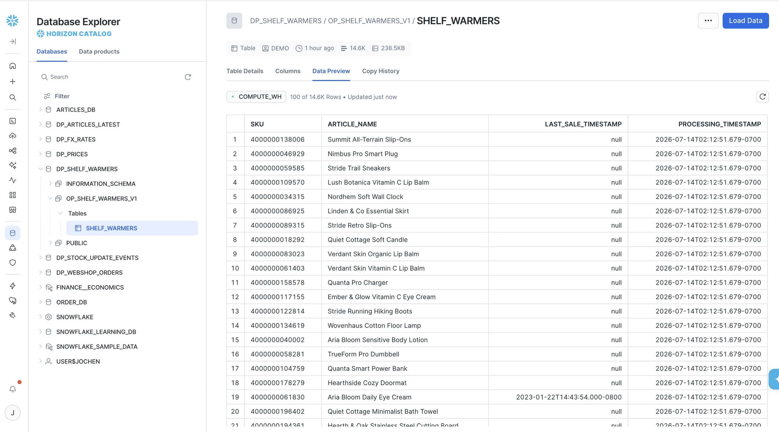 Die Tabelle SHELF_WARMERS im Snowflake Database Explorer mit 14,6K Zeilen und den Spalten SKU, Artikelname, Zeitpunkt des letzten Verkaufs und Processing Timestamp.